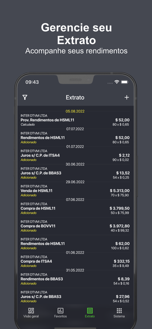 Tela Extrato do Smart Invest