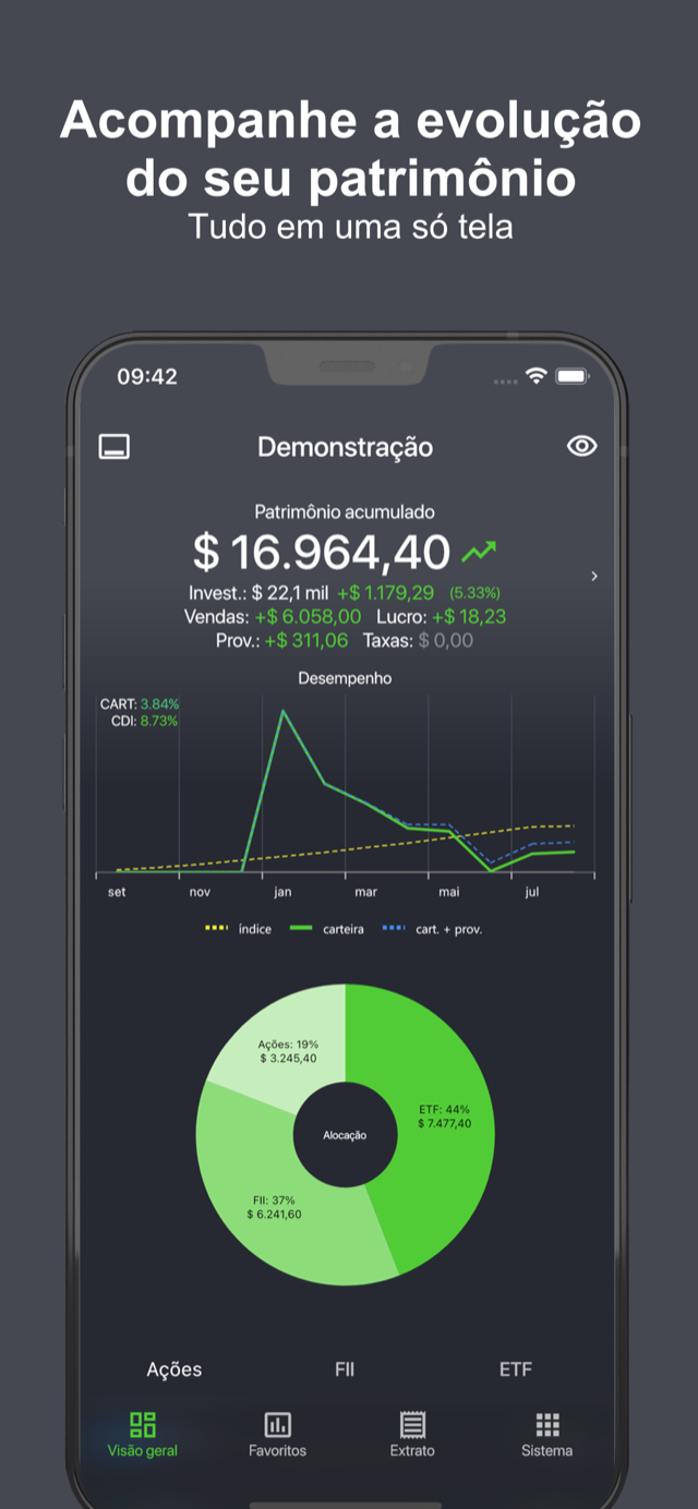 Tela principal do app Smart Invest mostrando patrimônio, rentabilidade e alocação da carteira